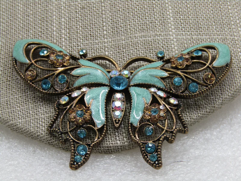 ladies rose gold brooch feather design -Vintage Enameled Rhinestone Butterfly Brooch, Nina Rici