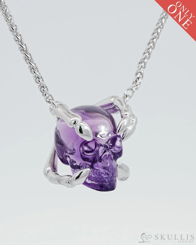 ladies silver necklaces garnet stones -Gem Skull Pendant Necklace of Amethyst Carved Skull with Sterling Sterling Silver Finger Bones - 9800160