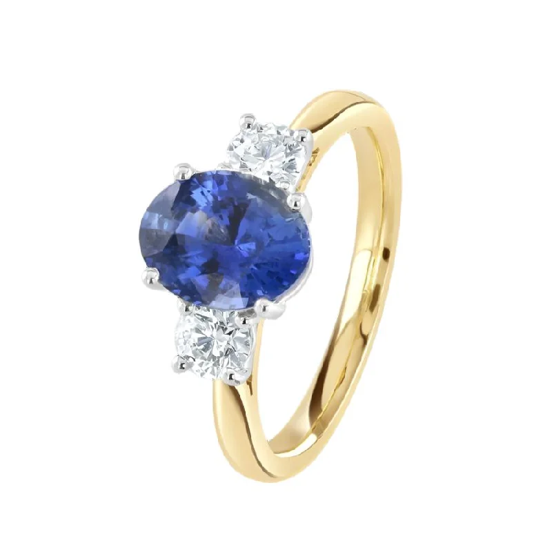 Ladies silky pearl rings -18ct Yellow Gold Oval Cut Sapphire & Round Brilliant Cut Diamond Trilogy Ring