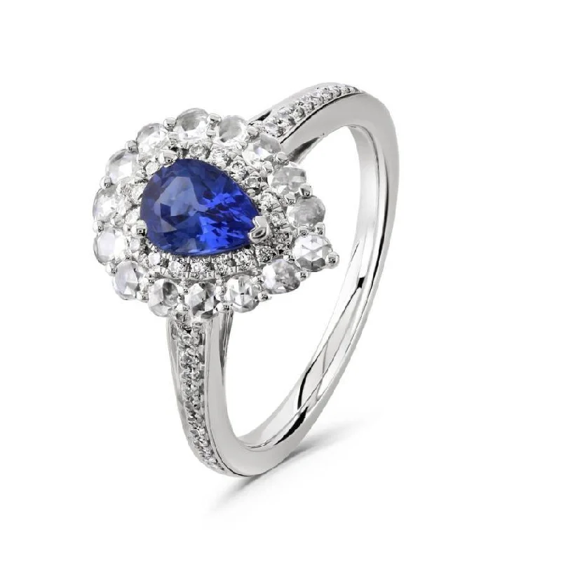 Ladies light eternity rings -18ct White Gold Pear Cut Sapphire & Diamond Double Halo Cluster Ring with Diamond Shoulders