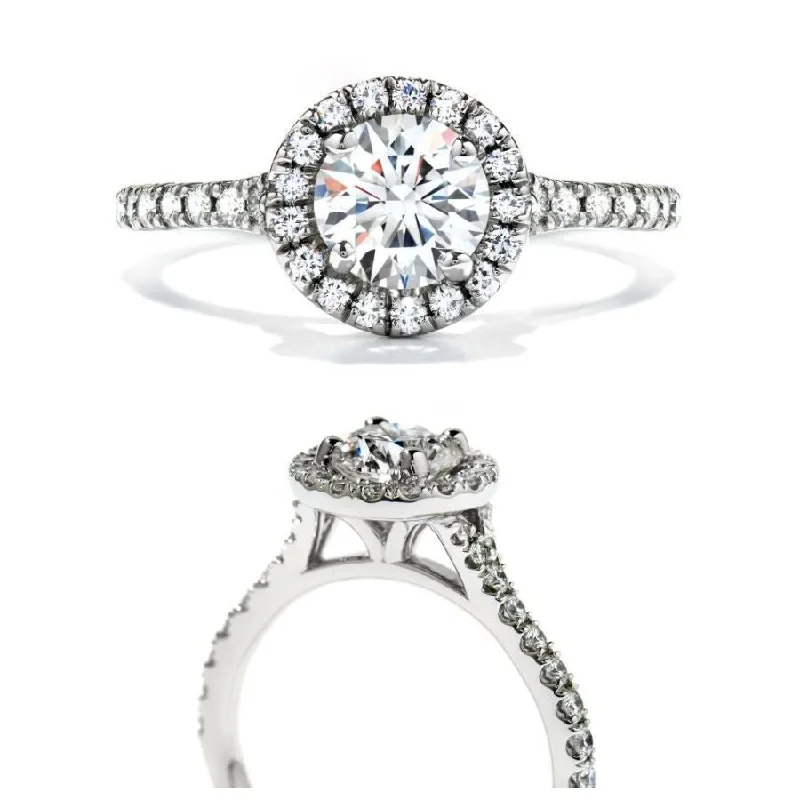 Ladies sun glow rings -Platinum Round Brilliant Cut Diamond Halo Cluster Ring