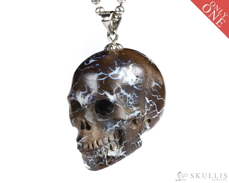 leaf pendant necklaces for women -Gem Skull Pendant Necklace of Matrix Opal Carved Skull with 925 Sterling Silver Bail - 0502823