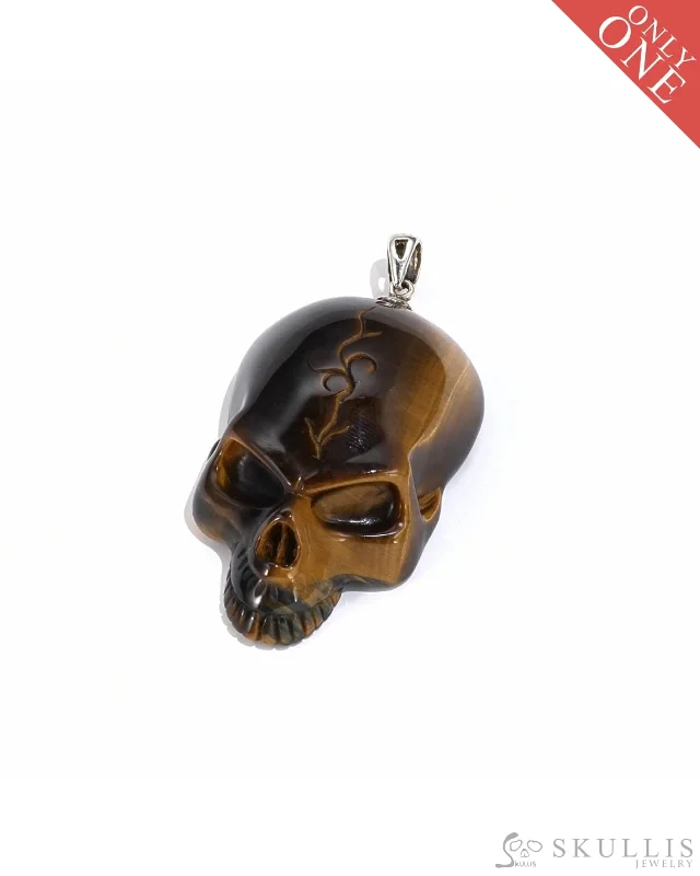 ladies silver necklaces peridot stones -Gem Skull Pendant Necklace of Gold Tiger Eye Crystal Carved Skull, Sterling Silver - 9800070