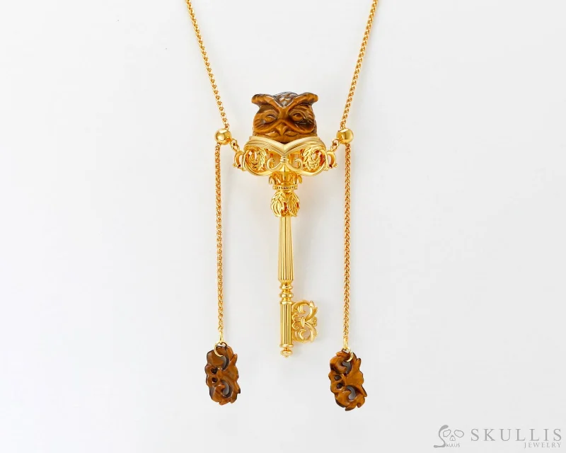 ladies silver necklaces kunzite stones -Gem Owl Pendant Necklace of Gold Tiger's Eye Carved Owl in 18K Gold-Plated 925 Silver