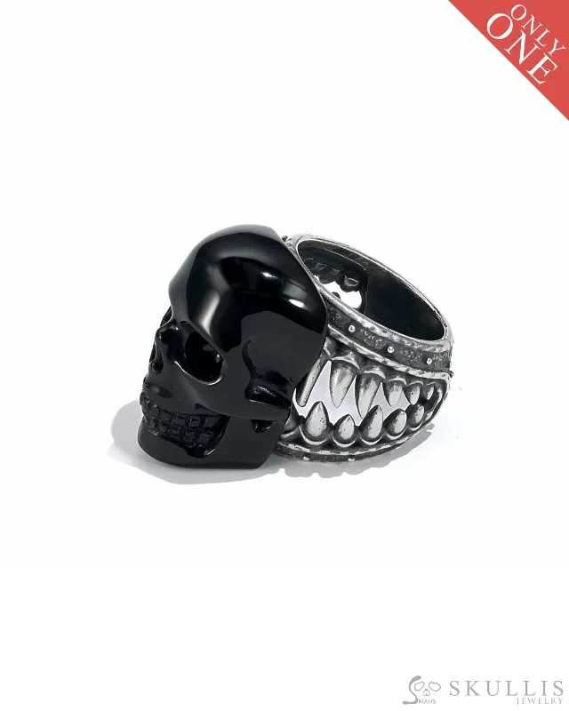 Ladies quest shine rings -Gem Skull Ring of Black Obsidian Carved Skull in 925 Sterling Silver - 8500241（US Size 8）