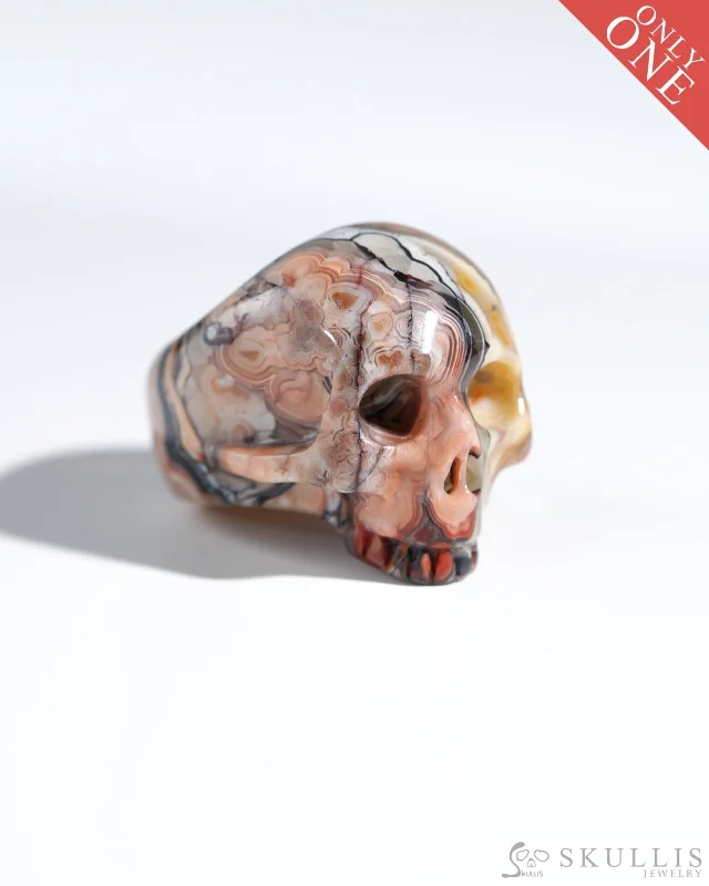 Ladies broad gleam rings -Gem Skull Ring of Red Crazy Lace Agate Carved Skull, US size 7 - 9800119