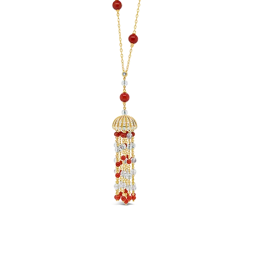 ladies gold necklaces arrow pendants -Coral & Crystal Tassel Estate Necklace