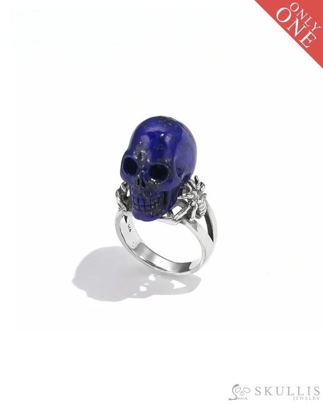 Ladies flutter butterfly rings -Gem Skull Ring of Lapis Lazuli Carved Skull, 925 Sterling Silver, US Size 7 - 9800068