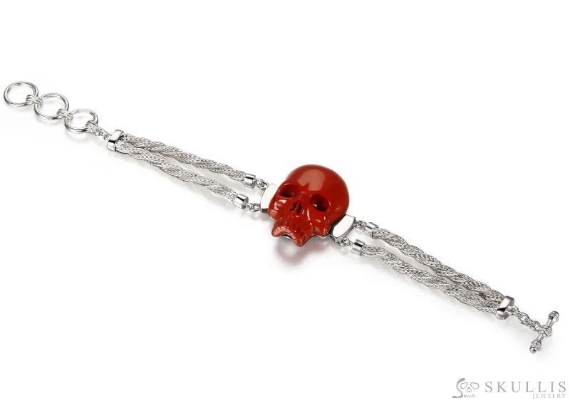 ladies rose gold bracelets bar charms -Gem Skull Bracelet of Red Jasper Carved Skull in 925 Sterling Silver