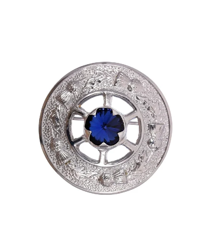 ladies gem brooch ocean themes -Miniature Thistle Design and Blue Stone Brooch - Chrome Finish