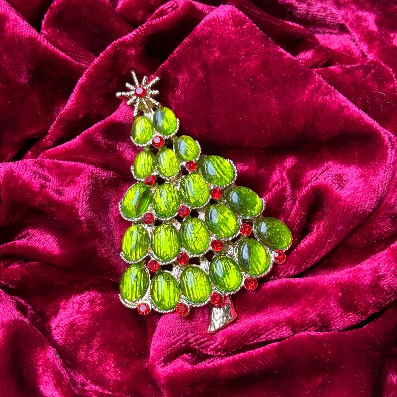 ladies gem brooch boho style -Olive Green Christmas tree brooch