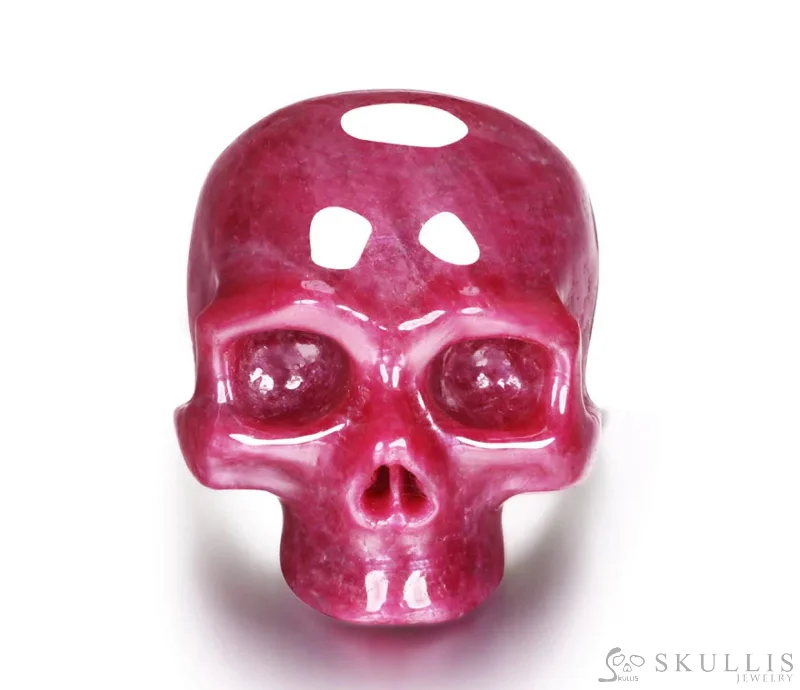 Ladies dense glow rings -Skullis Signature Ruby Gem Skull Ring, Hand Carved, Sterling Silver, for Women & Men