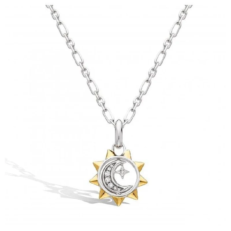 ladies gold necklaces celestial motifs -Silver & Yellow Gold Plated Celeste Cubic Zirconia Sun, Moon & Star Spinner Necklace