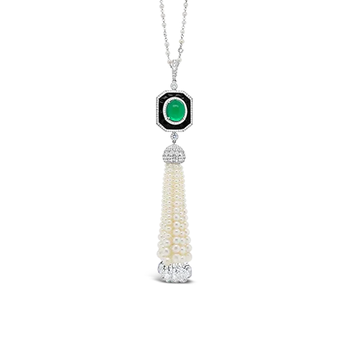 etched design necklaces for women -Emerald, Diamond & Pearl Tassel Necklace