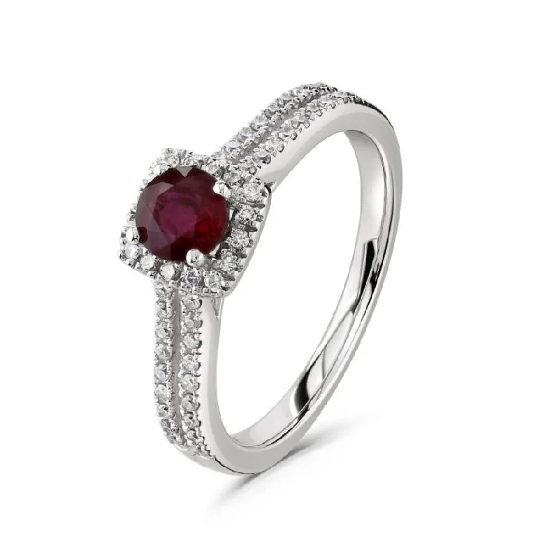 Ladies earthy timber rings -9ct White Gold Round Cut Ruby & Diamond Halo Cluster Ring with Split Diamond Shoulders