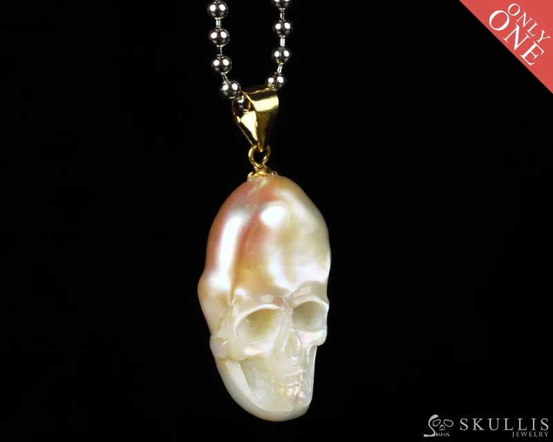 minimalist black necklaces for women -Gem Skull Pendant Necklace of Pearl Carved Skull with 18K Gold Plated 925 Sterling Silver Bail - 0503211