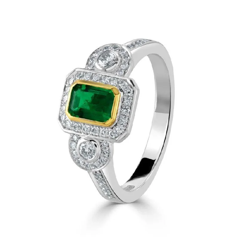 Ladies orbit flair rings -Platinum & 18ct Yellow Gold Emerald & Diamond Retro Vintage Ring