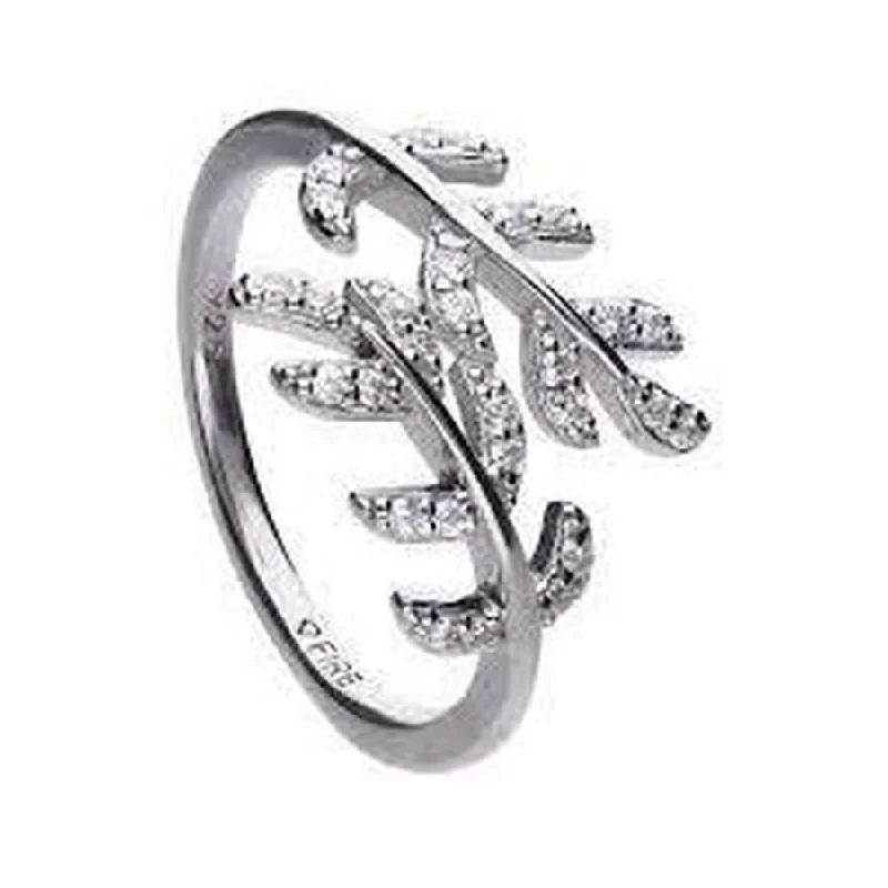 Ladies jet onyx rings -Silver Cubic Zirconia Leaf Crossover Ring, size N