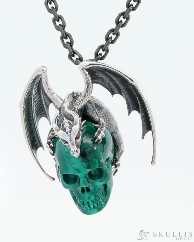 woven pattern necklaces for women -Gem Skull Pendant Necklace of Malachite Carved Skull with Ruby-Eye Dragon in 925 Sterling Silver - 9800132