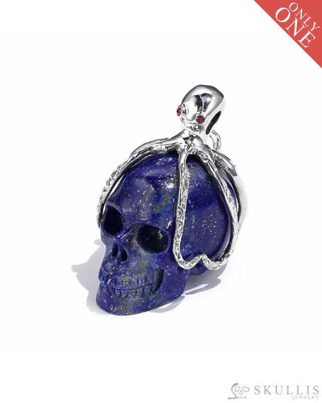 ladies gold necklaces cat pendants -Gem Skull Pendant Necklace of Lapis Lazuli Carved Skull with Ruby Eyes Octopus in 925 Sterling Silver - 0506576