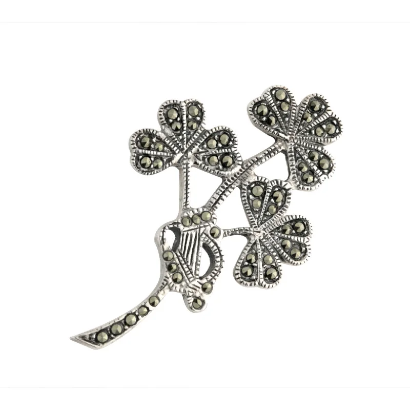 ladies silver brooch jade stones -Silver Marcasite Shamrock Spray Brooch