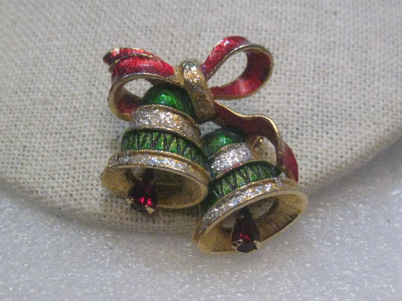 ladies leather brooch with accents -Vintage Gold Tone Christmas Bells Brooch,  1960's, Red & Green Enameling, Rhinestone Clappers