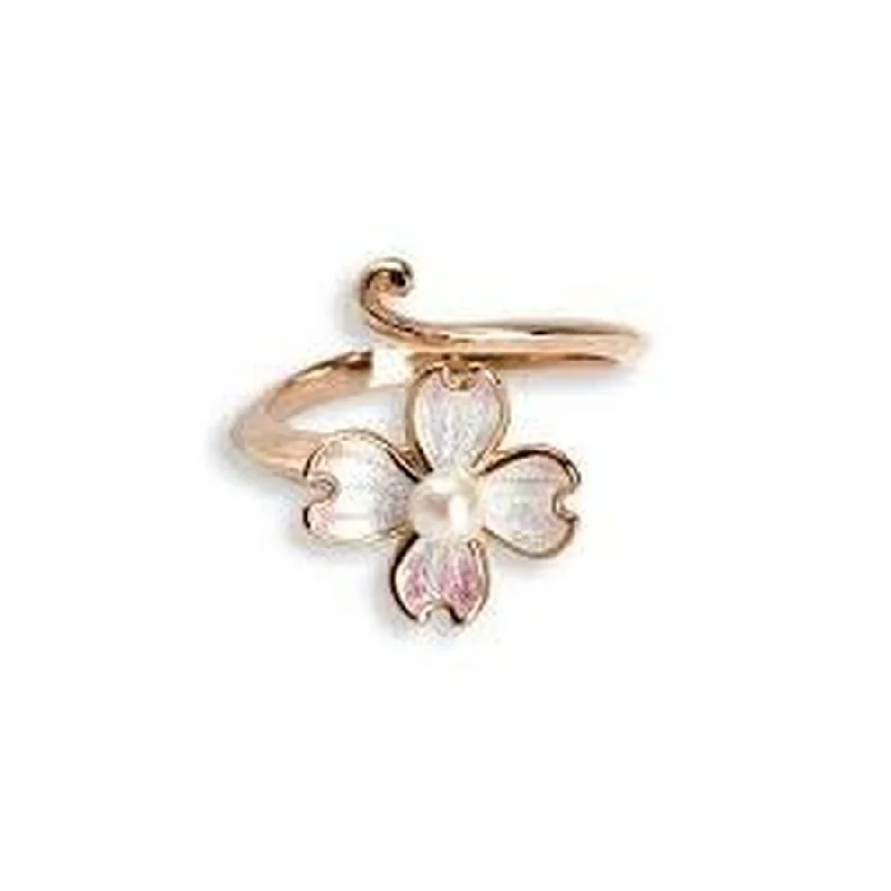 Rose Gold Plated Silver & Enamel Pearl Set Dogwood Ring