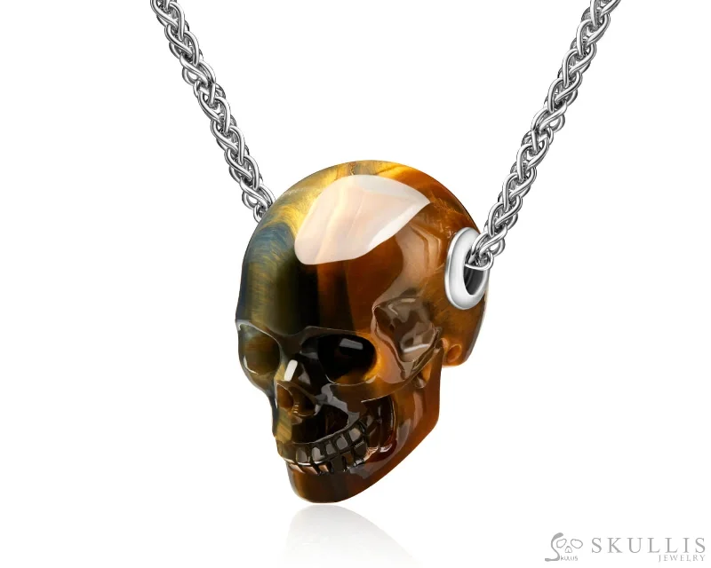 polished silver necklaces for women -Skullis Signature Blue & Gold Tiger's Eye Gem Skull Pendant or Necklace, Hand Carved, Sterling Silver 925 Chain, for Women & Men