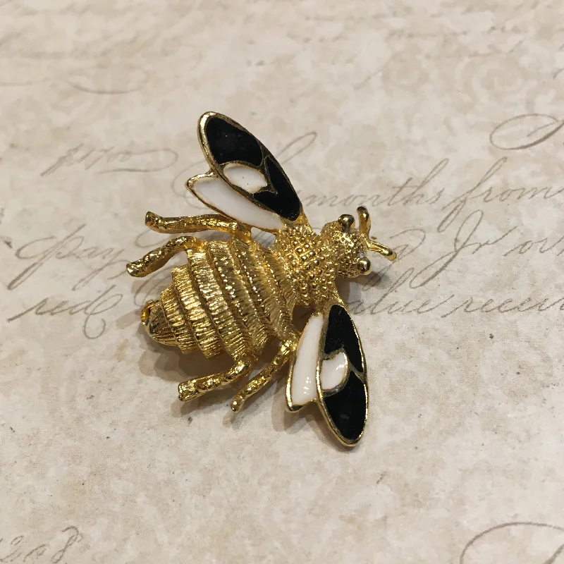 ladies silver brooch peridot stones -Vintage Bee Brooch Black White Enamel