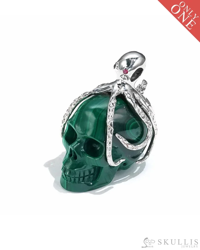 woven pattern necklaces for women -Gem Skull Pendant Necklace of Malachite Carved Skull with Ruby Eyes Octopus in 925 Sterling Silver - 0506575