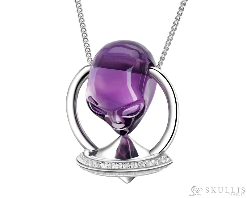 ladies necklaces rope textures -Gem Skull Pendant Necklace of Amethyst Carved Alien in 925 Silver UFO