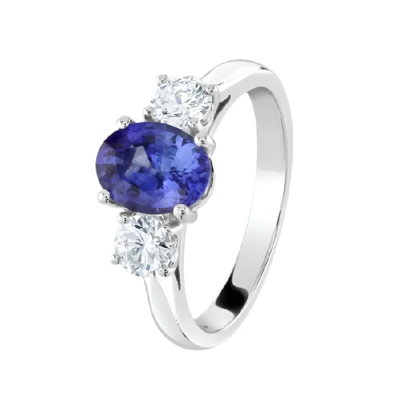 Ladies ancient gleam rings -Platinum Oval Cut Sapphire & Round Brilliant Cut Diamond Trilogy Ring