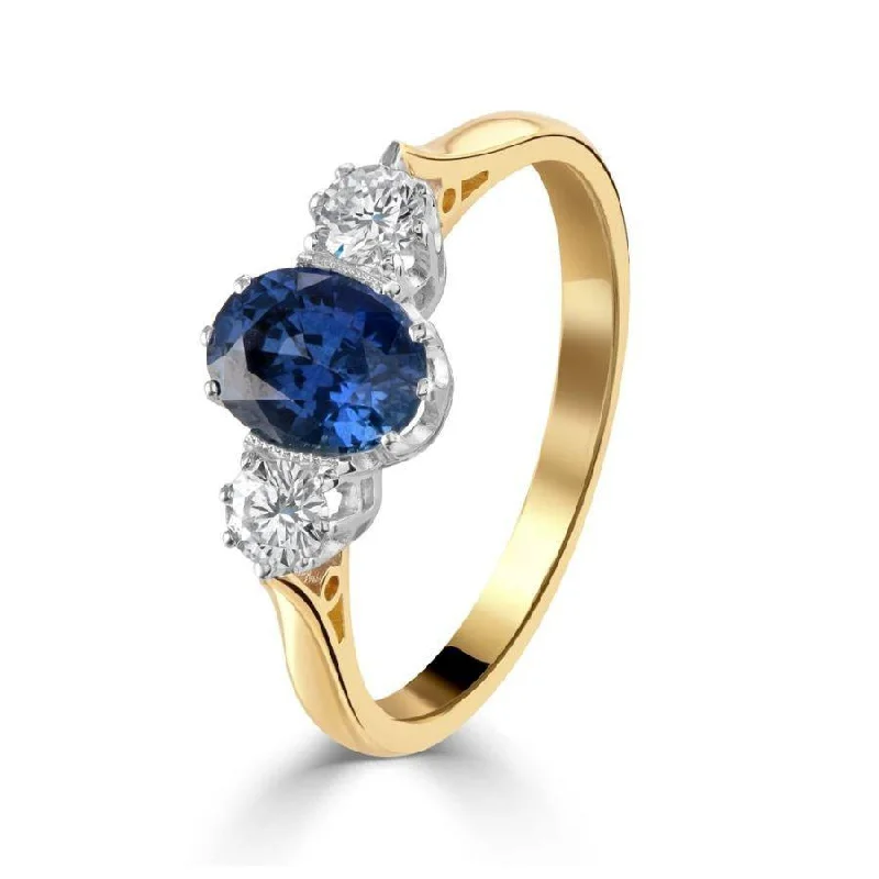 Ladies passion gleam rings -18ct Yellow Gold Oval Cut Sapphire & Round Brilliant Cut Diamond Trilogy Ring