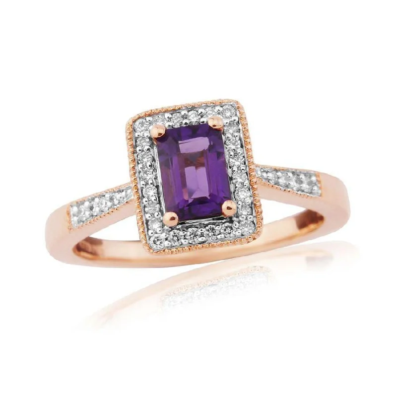 Ladies unique designer rings -9ct Rose Gold Emerald Cut Amethyst & Diamond Halo Cluster Ring with Diamond Shoulders