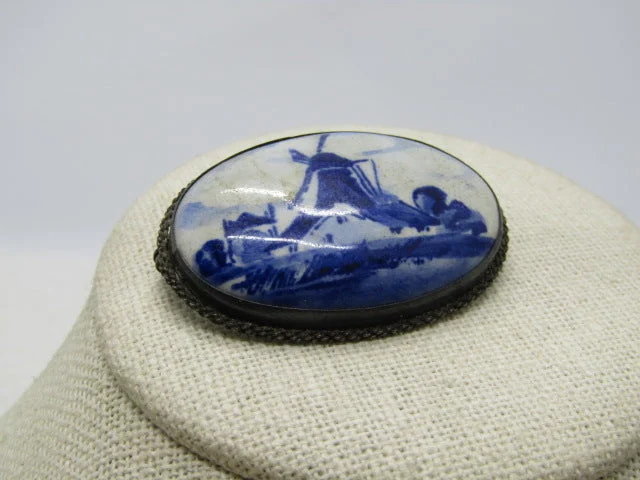 ribbon design brooch for women -Vintage .835 Silver Delft Brooch, Windmill, Hand Painted Porcelain, C-Clasp, Early 1900's.