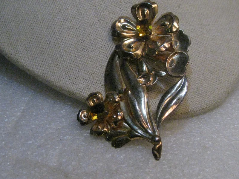 bubble texture brooch for women -Vintage 1940's Sterling Rhinestone Brooch, Yellow Stones, 3-3.8" Tall, 18.95 gr.