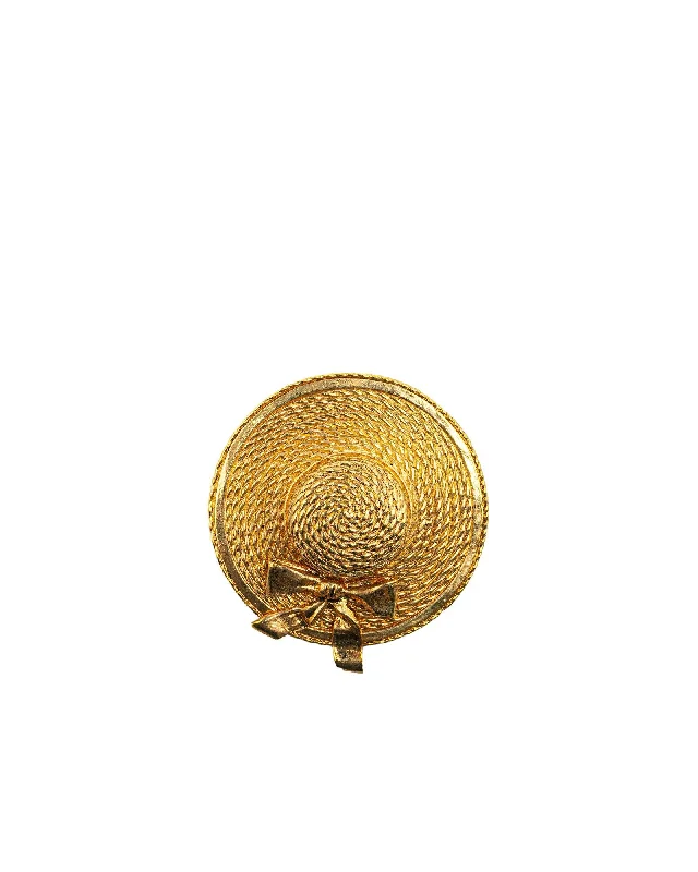 ladies silver brooch peridot stones -Gold Plated Straw Hat Brooch with Pin Closure