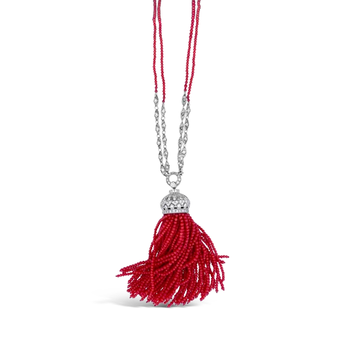 ladies rose gold necklaces triangles -Coral & Diamond Tassel Necklace