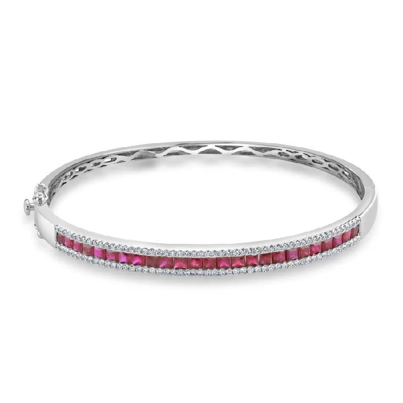 minimalist moon bracelets for women -18ct White Gold Princess Cut Ruby & Diamond Hinged Bangle