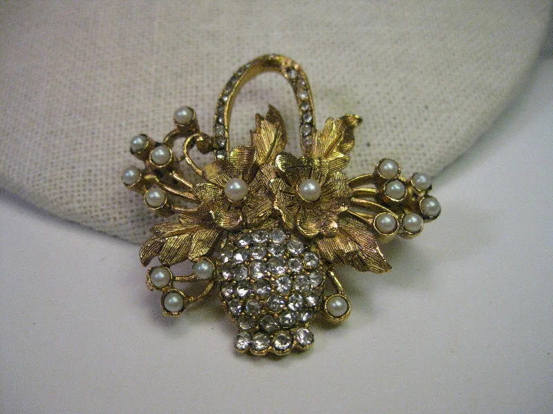 ladies silver brooch sodalite stones -Vintage Brooch, Goldtone Floral Basket with Pave Rhinestones & Faux  Pearl Accents