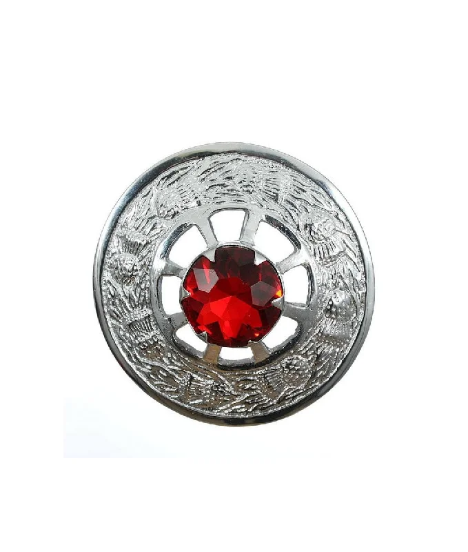 ladies gold brooch horse motifs -Thistle Design and Red Stone Brooch - Chrome Finish