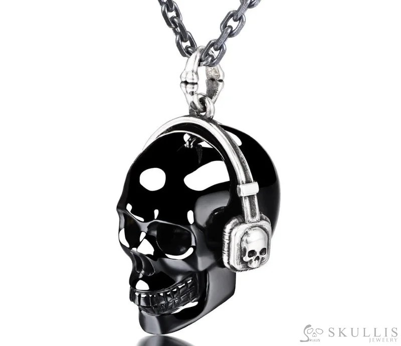 ladies charm necklaces dream themes -Gem Skull Pendant Necklace of Black Obsidian Crystal Skull with Headphone in 925 Sterling Silver