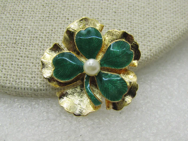 swirl texture brooch for women -Vintage Enameled Four-Leaf Clover Brooch, Faux Pearl, 1-1/8", Gold tone