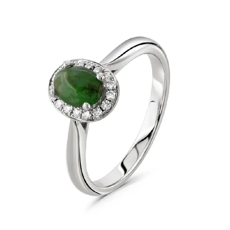 Ladies passion gleam rings -18ct White Gold Oval Cut Jadeite & Round Brilliant Cut Diamond Halo Cluster Ring