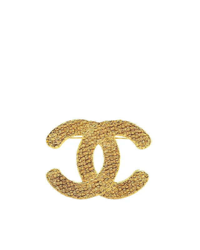 ladies white gold brooch pearls -Gold Plated CC Logo Brooch with Pin Closure