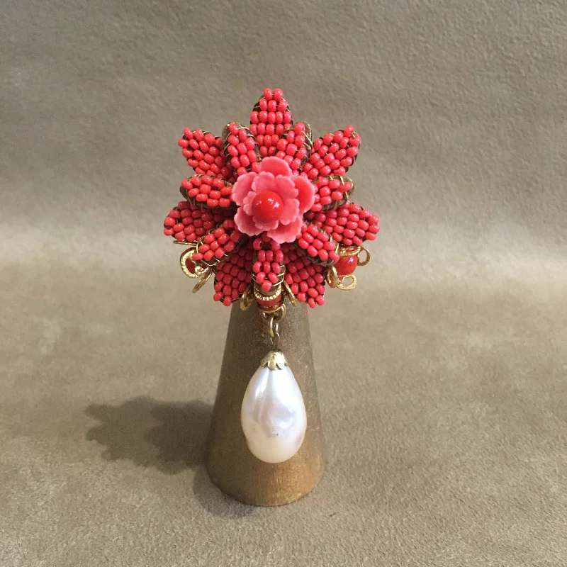 dotted pattern brooch for women -Coral Beads Baroque Pearl Drop Brooch Unsigned Hagler