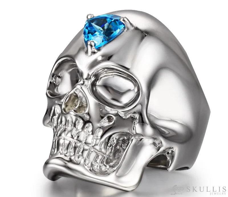 Ladies dull matte rings -Skull Ring of Rhodium Plated 925 Sterling Silver with Sky Blue Topaz