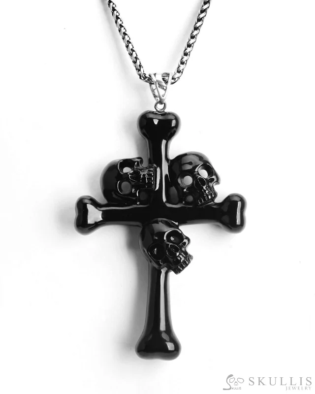 ladies leather necklaces with accents -Gem Skull Pendant Necklace of Black Obsidian Carved Skull with Trio and Bones Cross