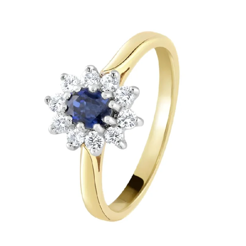 Ladies clan charm rings -18ct Yellow Gold Oval Cut Sapphire & Diamond Cluster Ring