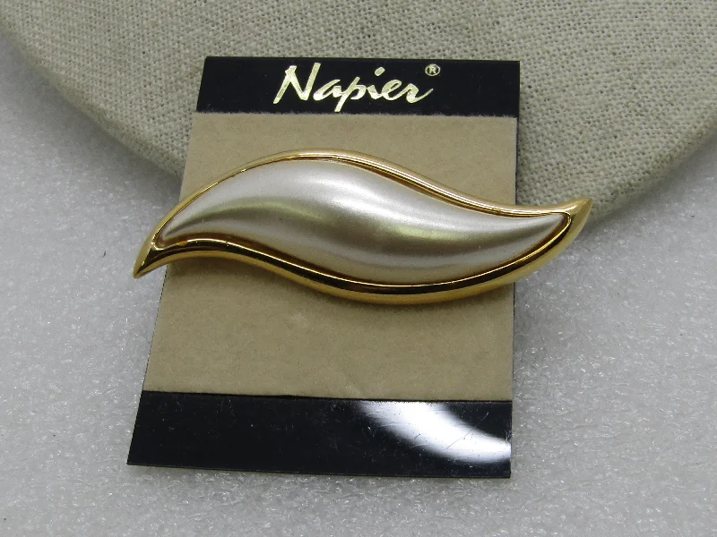 ladies rose gold brooch floral motifs -Vintage Napier Faux Pearl Brooch, Curved/Pointed, 2.75", Gold Tone, 1980's